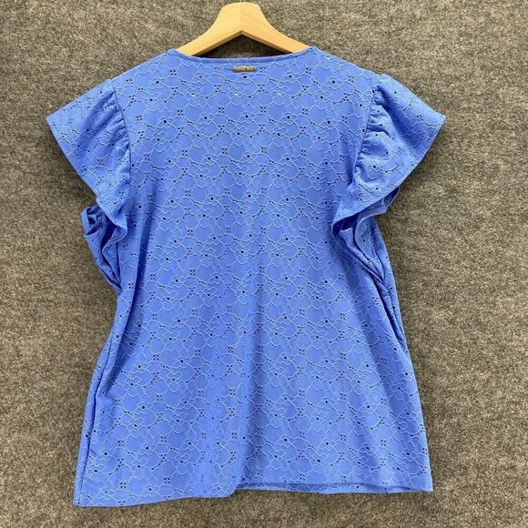 Michael Kors Blouse Women L Large Blue Floral Embroidered V-Neck Short Sleeve - Picture 2 of 9